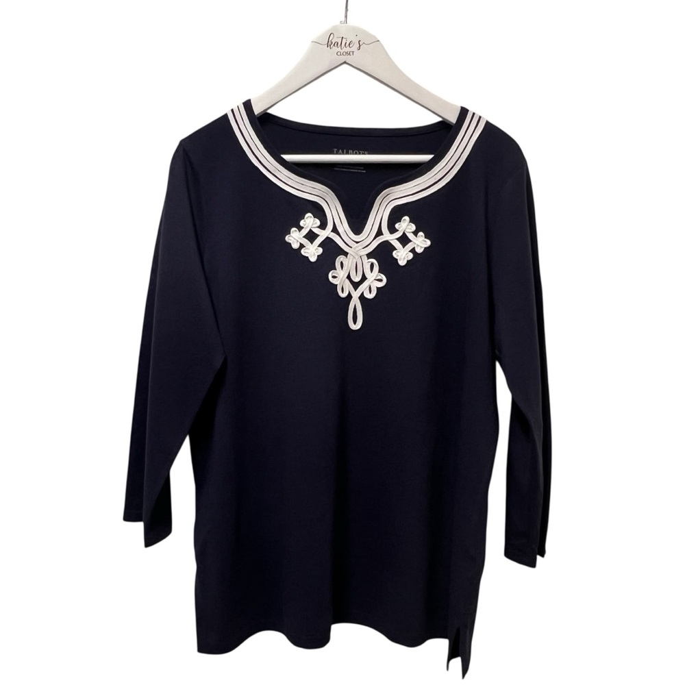 Talbots Navy & White Stretch Long Sleeve Top with Side Slits Size XL NWT
